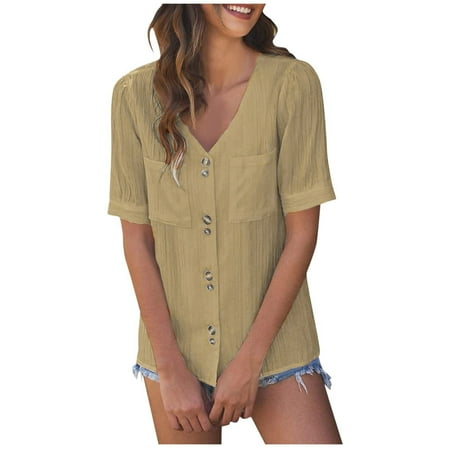 

Mrat Short Sleeve V-Neck Blouses & Shirts Corset Tops For Women Ladies Fashion Solid V-Neck Loose Short Sleeve Buttons T-shirt Pullover Pockets Tops White T Shirts