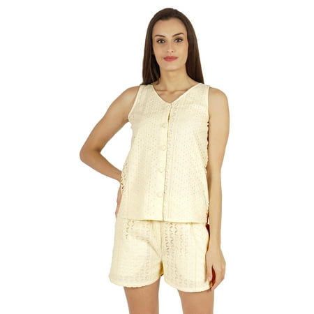 

Bimba Sexy Schiffli Nightwear Set For Womens 2 Pcs Summer V-Neck Sleeveless Loungewear