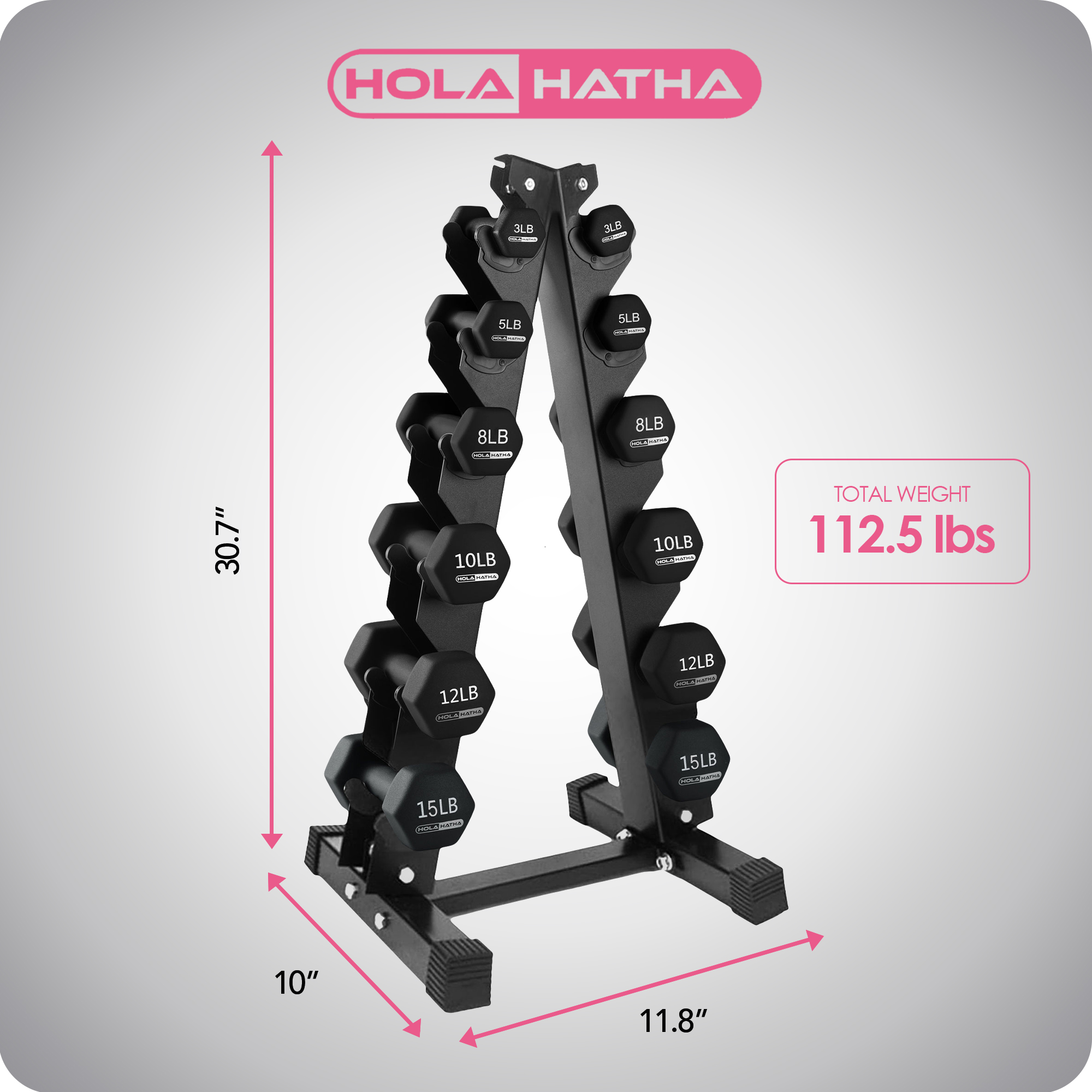 HolaHatha Neoprene Dumbbell Weight Set with Rack (Black), 112.5 lb