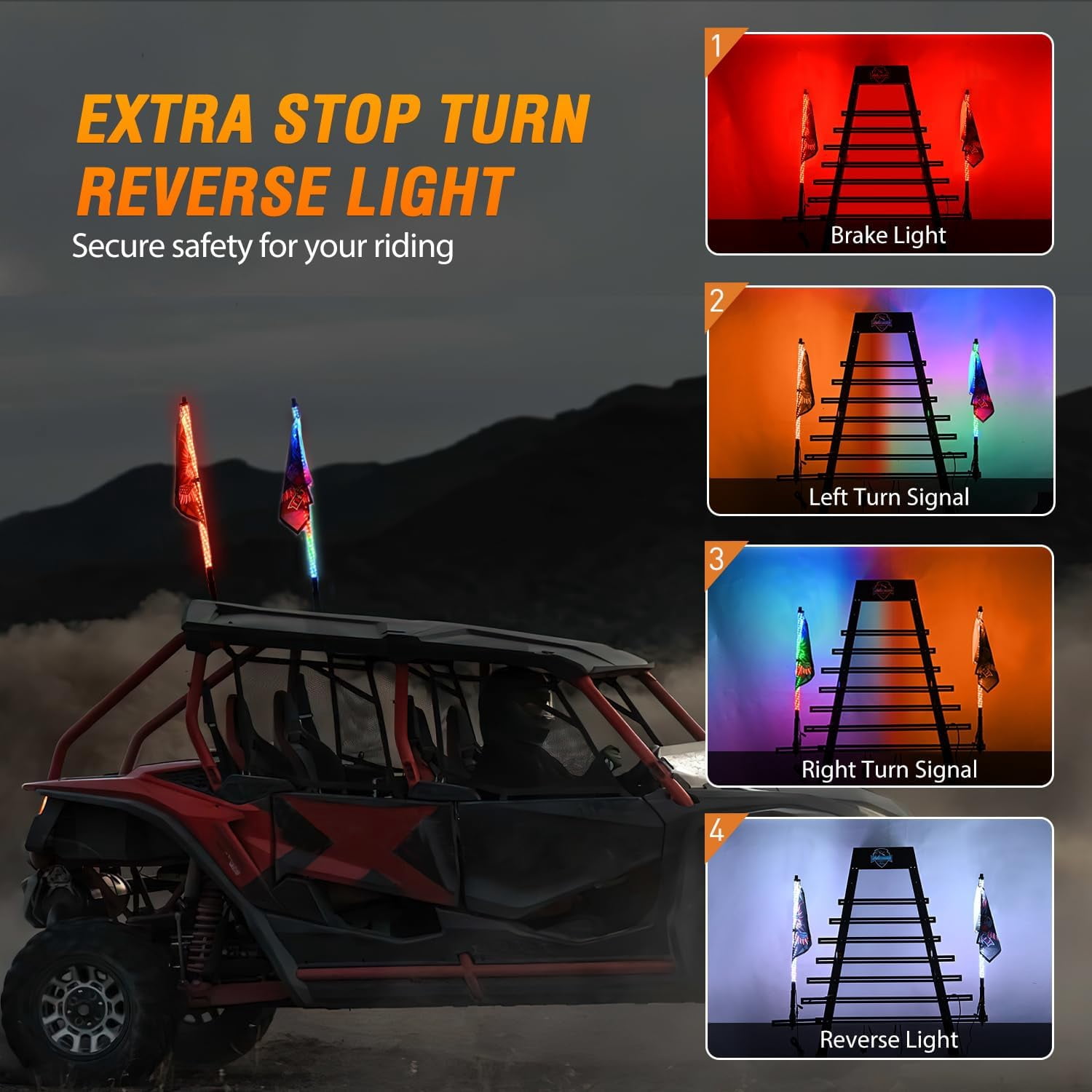 Nilight 2Pcs 2FT RGB Led Whip Light with Extra Stop Turn Reverse Light, Remote & App Control, DIY Chasing Patterns, Safety Antenna Lighted Whips for ATV UTV Polaris RZR Can-am