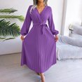 thumbnail image 3 of qafoshin Fall Pleated Dresses for Women V Neck Long Sleeve Midi Dress Waistband Classic Ruched Dress, 3 of 7