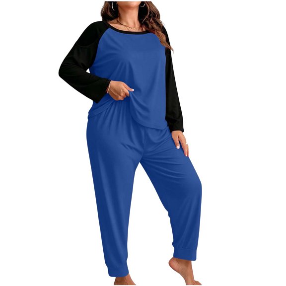 Njagoc3 Women's Color Block Lounge Set Raglan Sleeve Crew Neck Top and Long Pants 2 Piece Casual Sleepwear