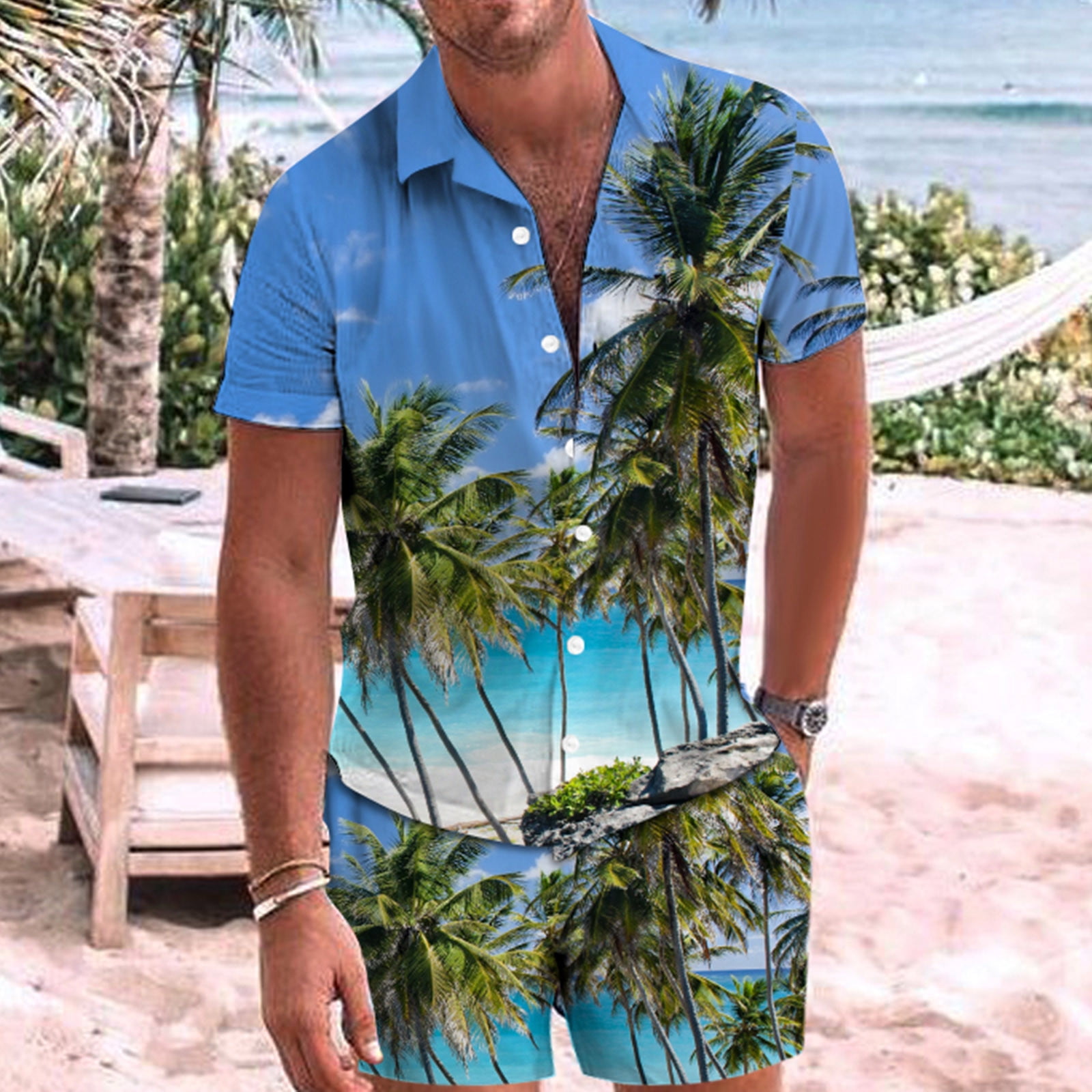 Mens Funny Beach Shirt Set Casual Button-Down Shirts Short Sleeve Tops and Shorts Hawaiian T-Shirt Suits for Party 