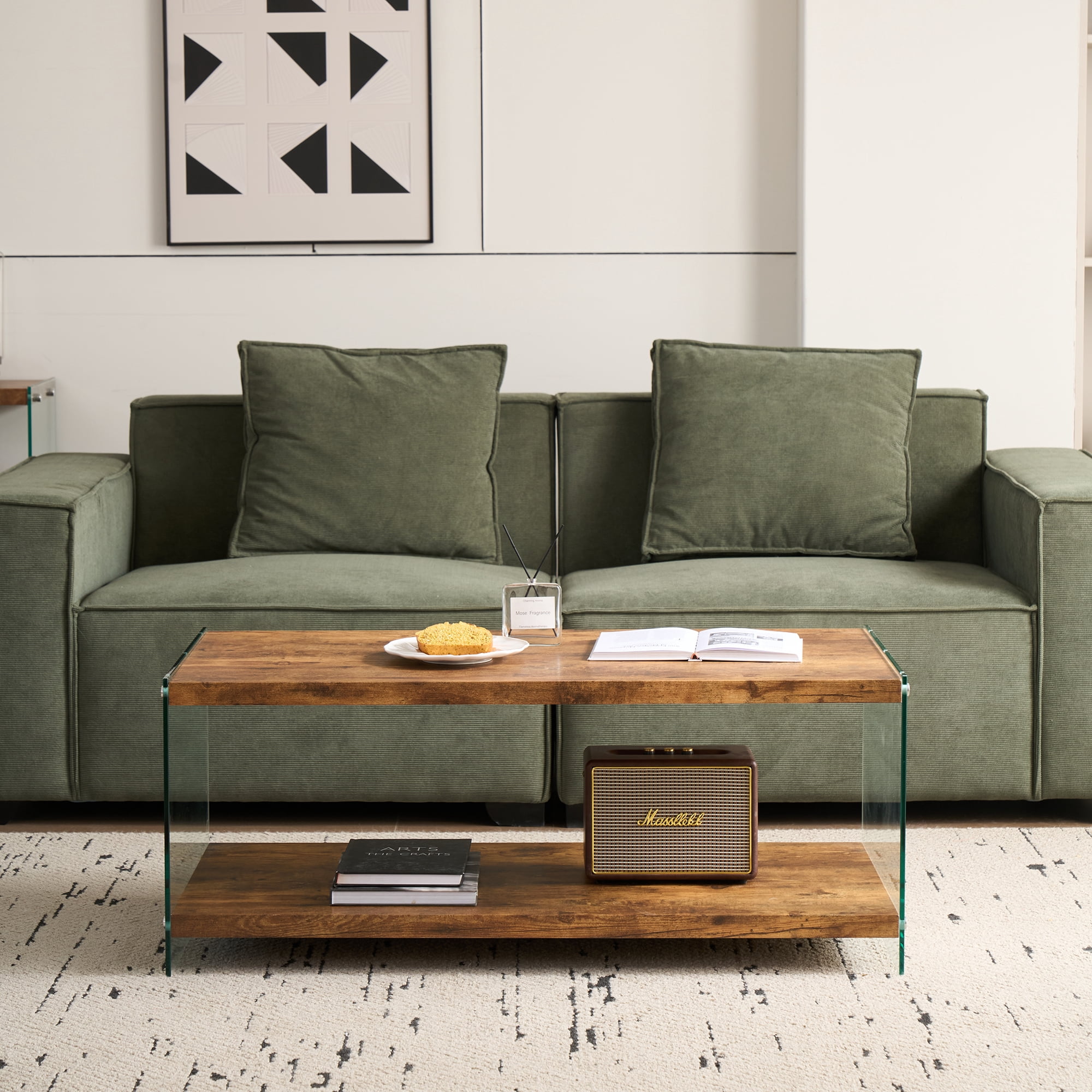 MDF Coffee Table, Small Tea Table with Tempered Glass Top and Walnut Finish, Living Room Sofa Table for Home Office Restaurant Outdoor, Easy to Clean and Safe with Rounded Edges