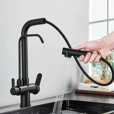 Kitchen Sink Faucet with Pull Down Sprayer 2 Handle 3 in 1 Water Filter Purifier Faucets, 304 Stainless Steel Drinking Water Faucet Reverse Osmosis Faucet Black