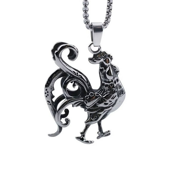 PAMTIER Men's Stainless Steel Vintage Zodiac Rooster Pendant Necklace Silver