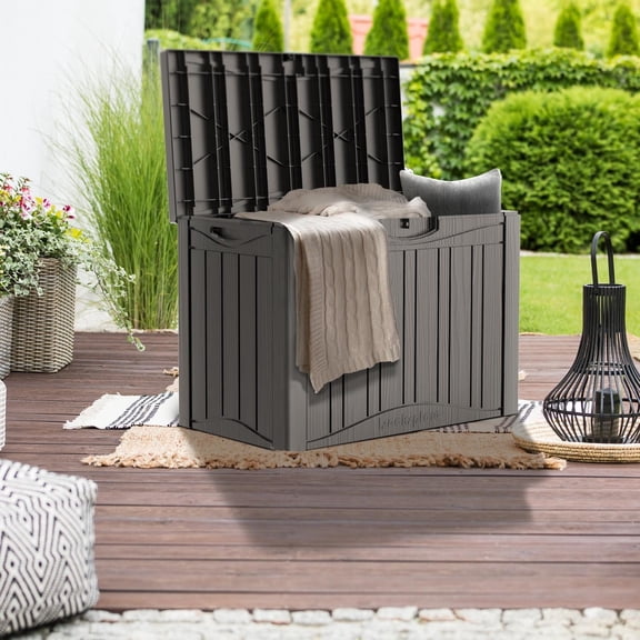 Decksplore Casual 45 Gallon Lockable Resin Deck Box, Waterproof & Outdoor Storage Box for Outdoor Cushion Storage and Outdoor Delivery Storage, Stylish Outdoor Bench,Light coffee