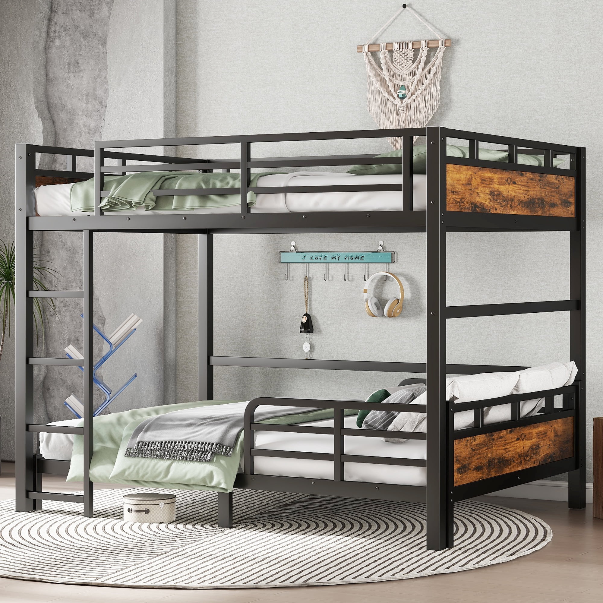 Leumius Full XL over Full XL Metal Bunk Bed,Metal Loft Bed and Metal Platform Beds with Ladder & Safety Guardrail,Black
