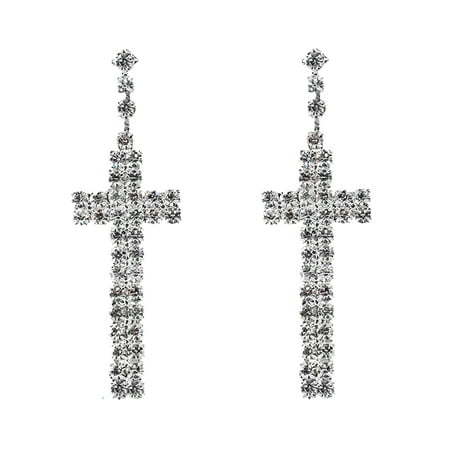Cross Earrings Silver Tone Crystal Rhinestone Cross Christian Dangle Drop Earrings J-394