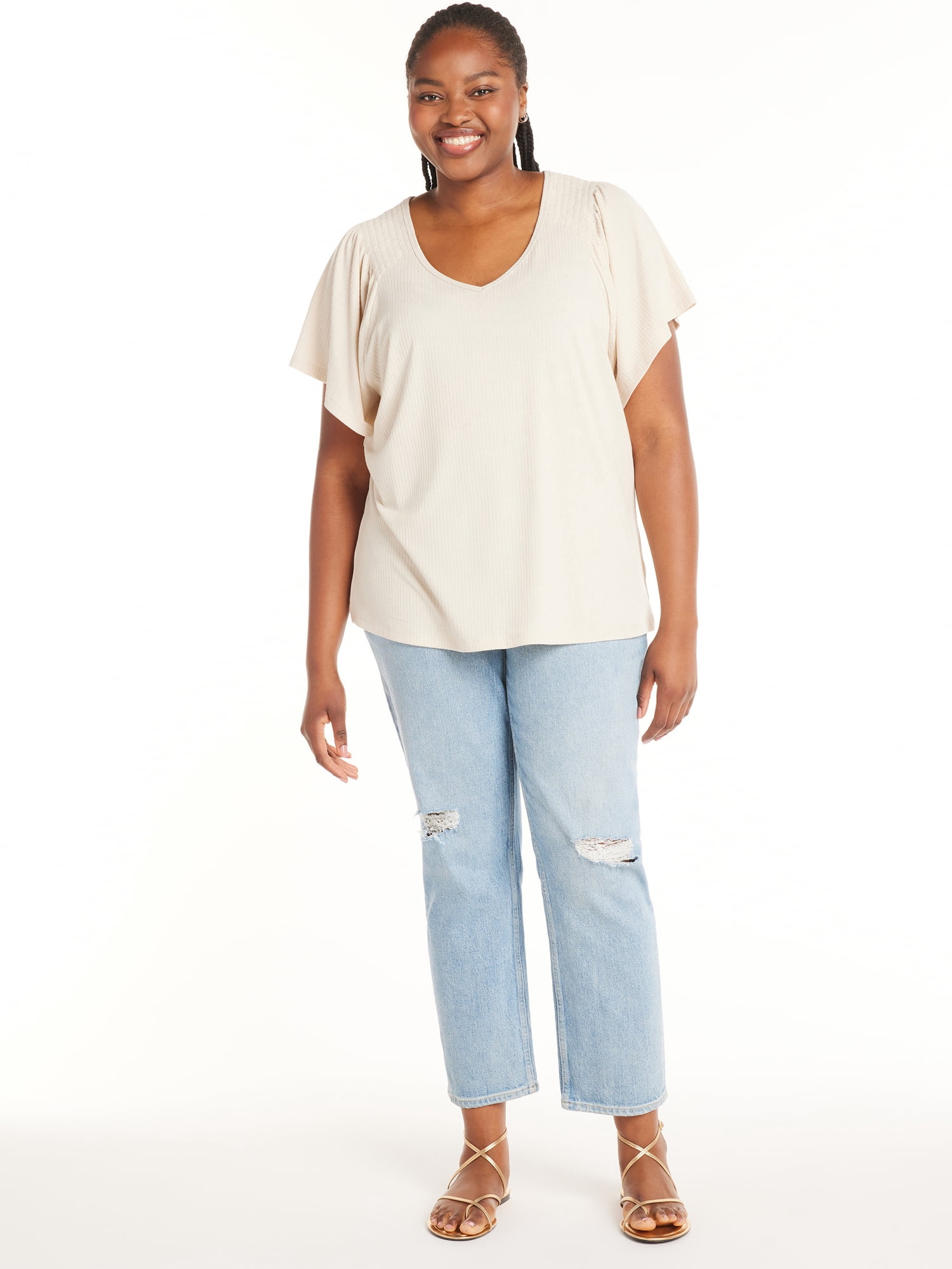 Terra & Sky Women's Plus Size Ribbed Flutter Sleeve Top, Sizes 0X-5X