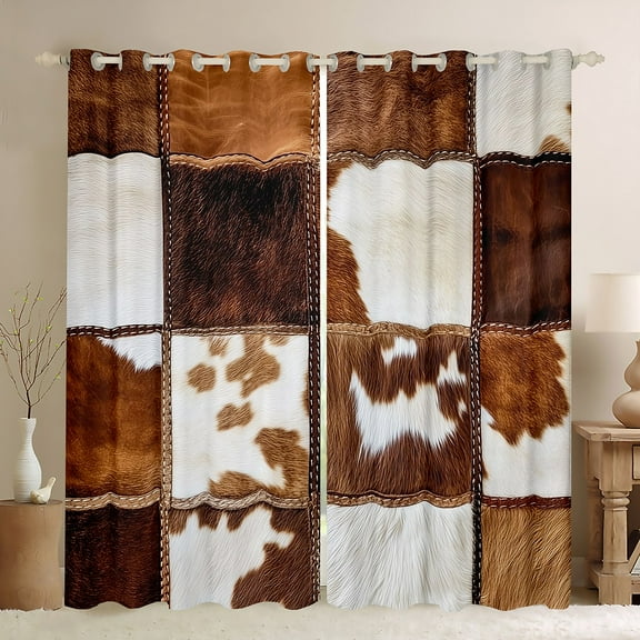 Homewish Country Farm Cowhide Black Out Curtains,Rustic Farmhouse Cabin Curtains Pack of 2 (42x63 Each),Patchwork Cow Hide Bedroom Curtains For Men Women,Ultra Soft Home Decor