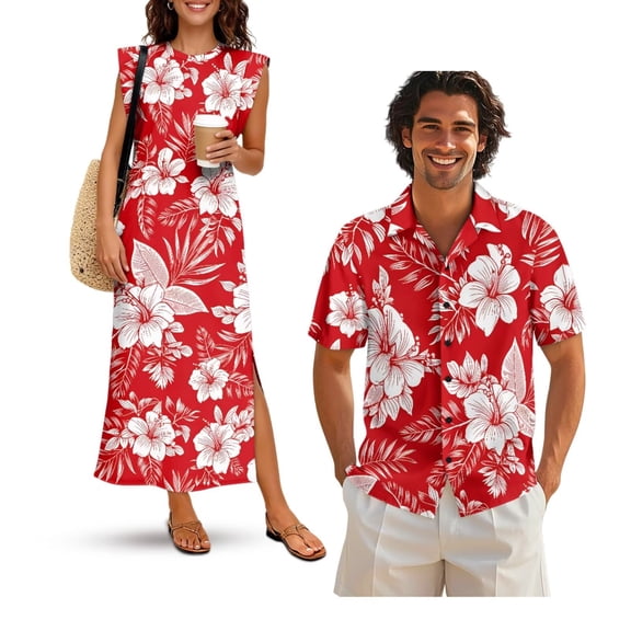 Jeiento Tropical Flower Couples Matching Outfits Breathable Button Down Hawaiian Shirt Red Summer Beach Flowy Dress