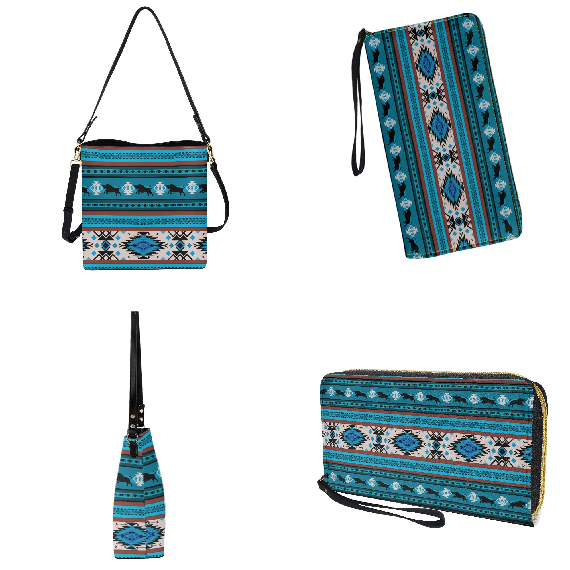 ZUXONGSY Aztec Tribe Bull Print Trendy Bucket Bag Purse and Wallet Set for Women, Lightweight Crossbody Handbag with Leather Wallet for Shopping Working