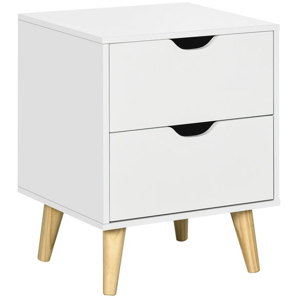 HOMCOM Modern Nightstand Bedside Table with 2 Drawers, End Table with Wood Legs for Bedroom, White
