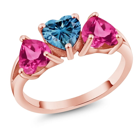 Gem Stone King 18K Rose Gold Plated Silver 3-Stone Ring Heart Shape Persian Blue Moissanite and Created Sapphire Pink (2.40 Cttw, Size 7)
