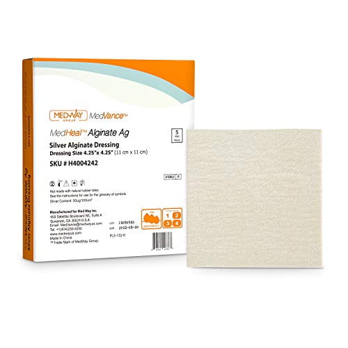 MedHeal Silver Calcium Alginate Ag Sterile Highly Absorbent Antibacterial Dressing, 4.25'x4.25', 5 dressings/Box, MedHeal by MedvanceTM