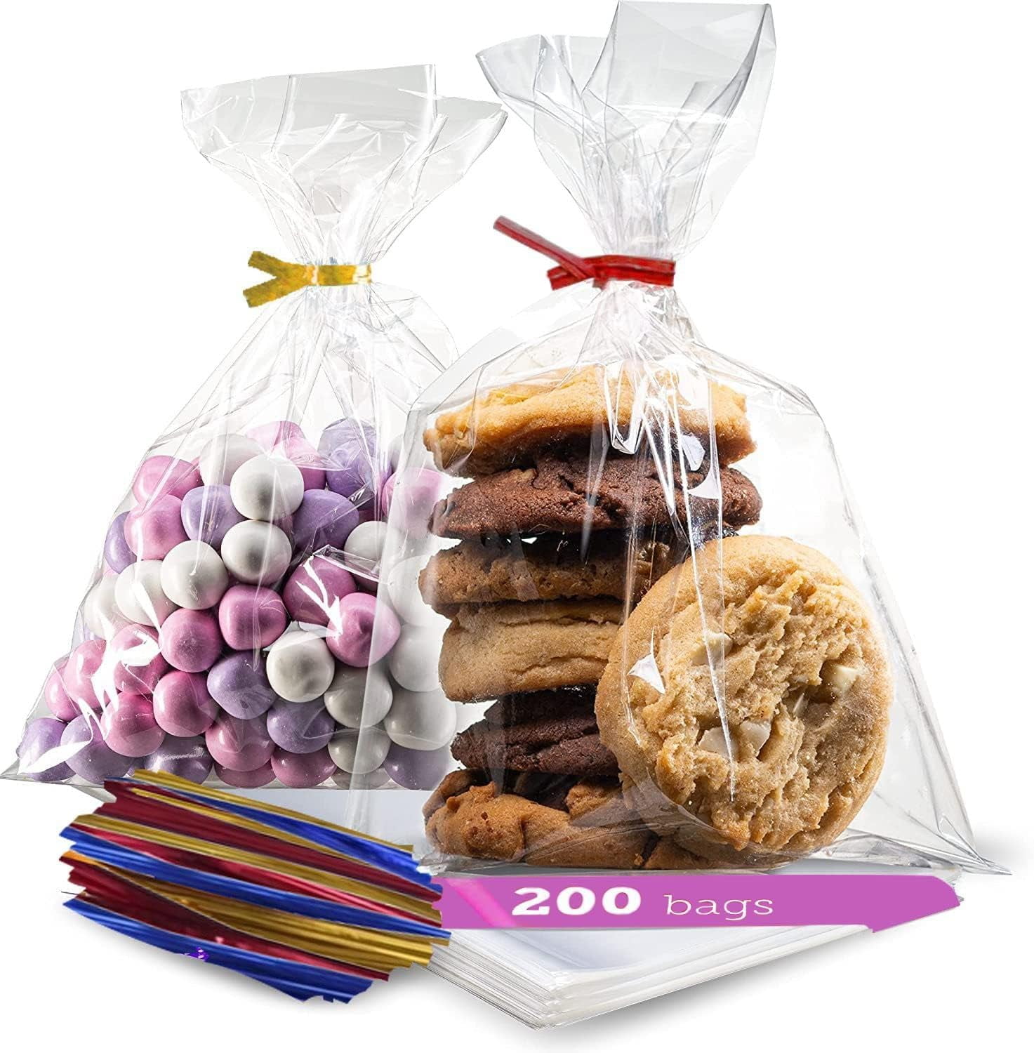 FUNSTITUTION Treat Bags Clear Mini Plastic Bags with Twist Ties, 4” x 6” 200Pack