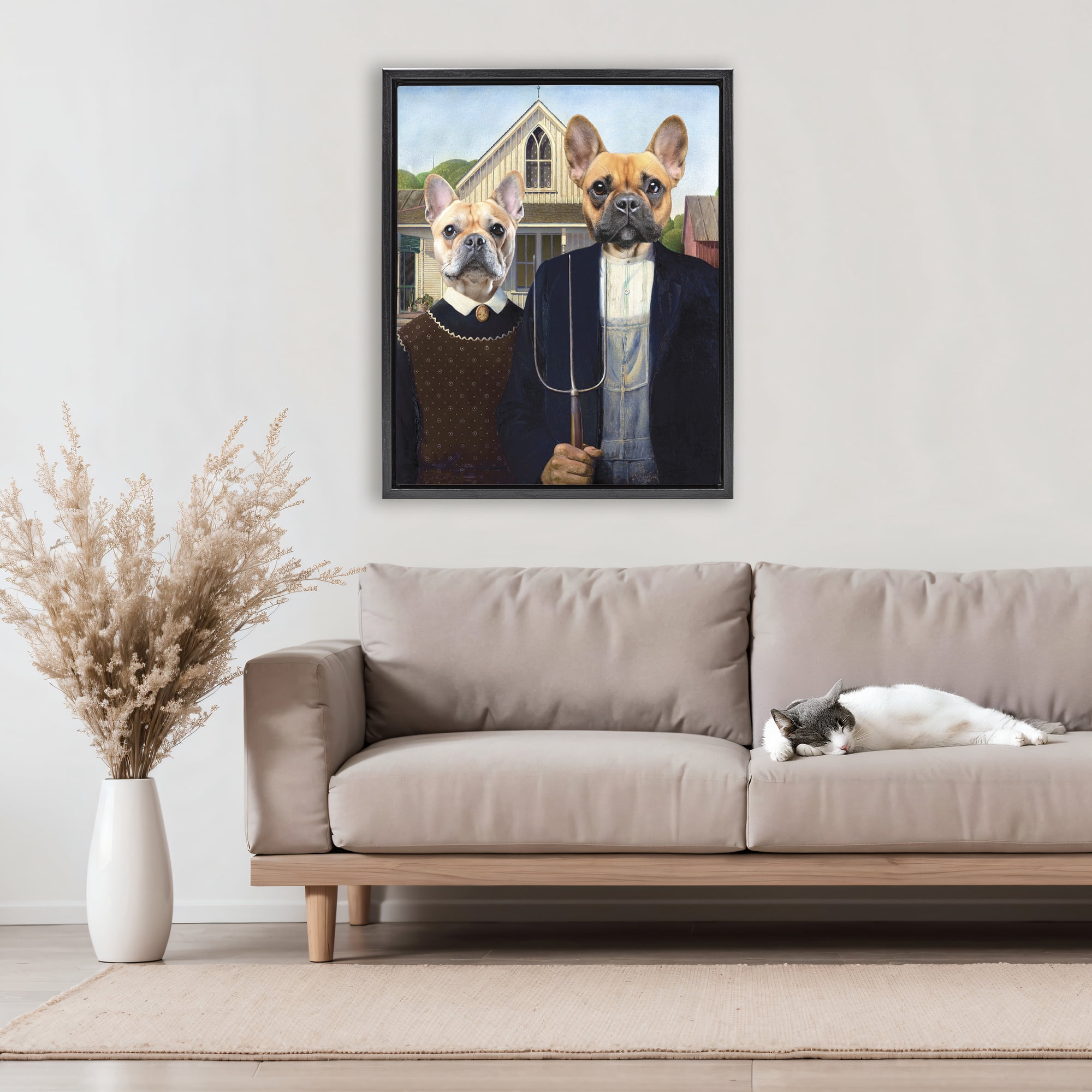 Stupell Industries French Bulldogs Iconic Farmers Black Framed Floater Canvas Wall Art, design by Grotto Studios