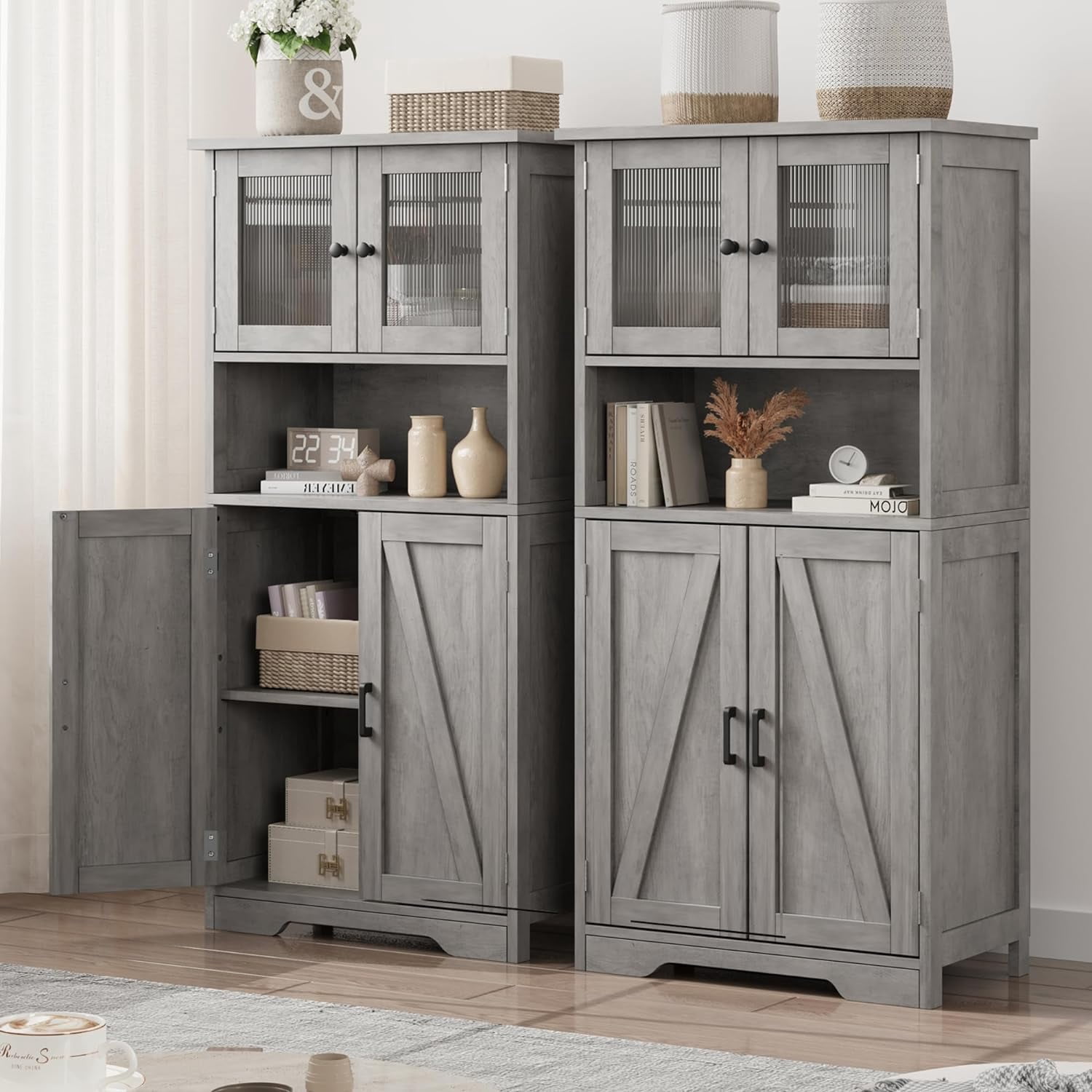 Freestanding Linen Storage Cabinet with Glass Doors, Versatile Kitchen Pantry and Living Room Cupboard with Adjustable Shelves (Gray)