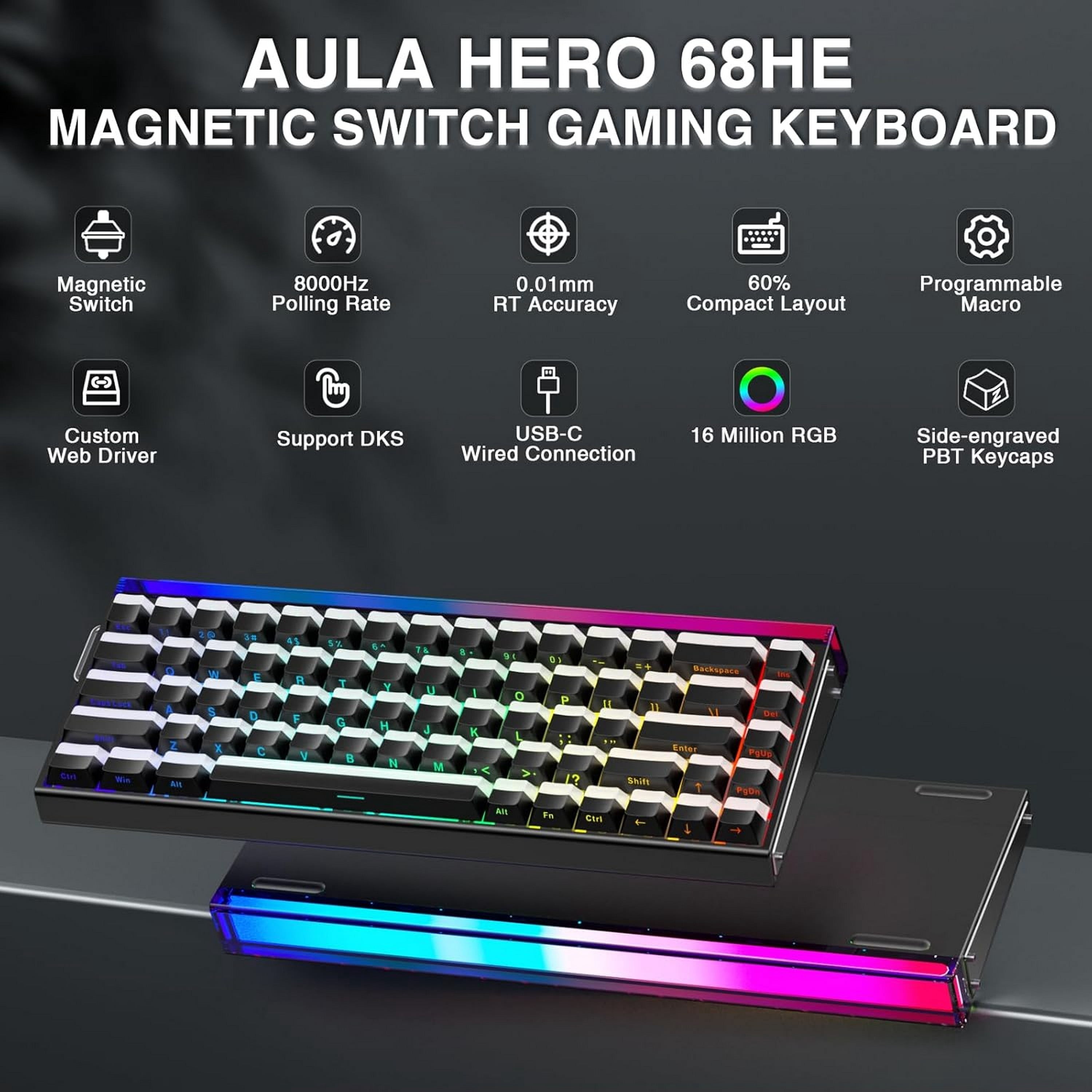 AULA Hero68 HE 60-Key Wired Hall Effect Gaming Keyboard, Magnetic Switch, RGB, Rapid Trigger and Response, Adjustable Actuation