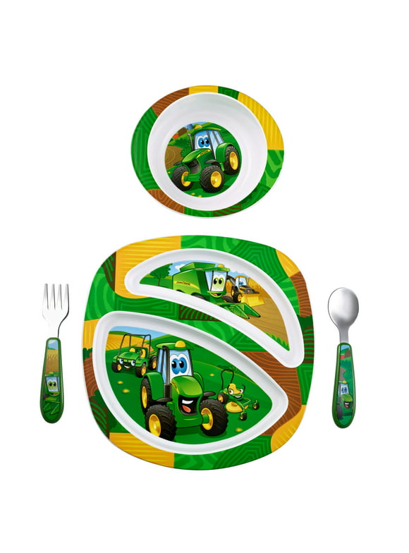 John Deere's Johnny Tractor and Friends Feeding 4 Piece Set, Green, Brown, Yellow, Blue, White, Red