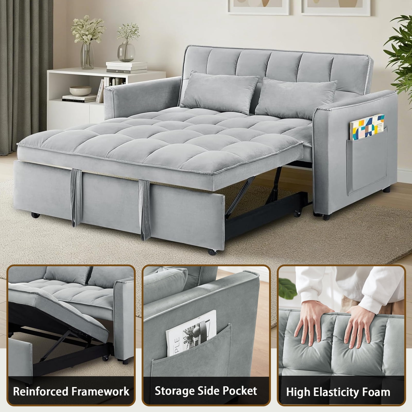 EPOWP 3 in 1 Folding Convertible Sofa Bed,55'' Pull Out Couch Bed with Side Pocket,Velvet Fabric Loveseat Sleeper Sofa with Adjustable Backrest,Easy Assembly,Perfect for Living Room,Light Grey