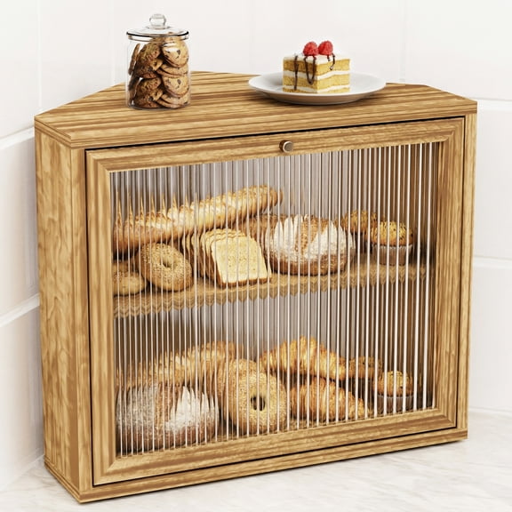 Large Bread Box for Kitchen Counter, Corner Wooden Large Capacity Bread Storage with Glass Lid Rustic Brown