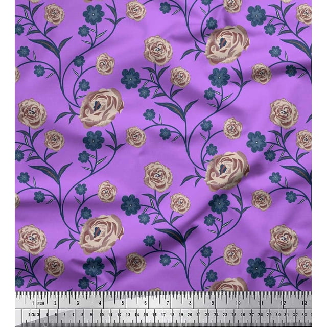 Soimoi Tissu Popeline de Coton Imprimé Feuilles & Roses Tissu de Couture Yard 56 Pouces de Large