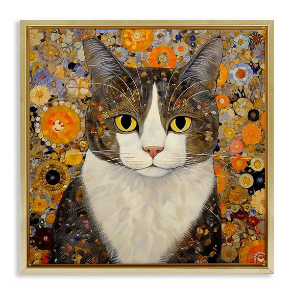 Stupell Industries Glam Mosaic Pattered Cat Gold Floating Frame Canvas Art, 25 x 25, by RB