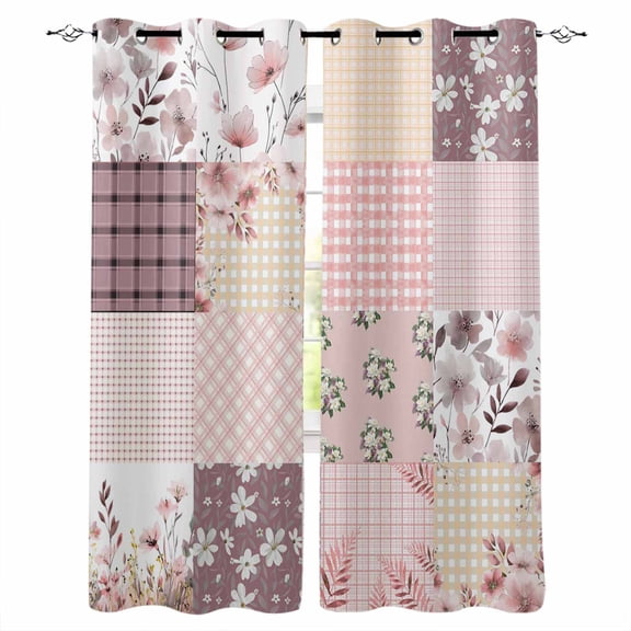 Boho Spring Floral Blackout Curtains for Bedroom Living Room Darkening Curtains 63 Inches Long Vintage Flowers Patchwork Plaid Pink Window Curtain 2 Panels Set Window Treatment Grommet Drapes 52"x63"