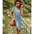 thumbnail image 4 of Women Summer Maxi Tshirt Dress Short Sleeve Crewneck Tie Waist Casual Fit Slit Spring Long Beach Dresses Light Blue M, 4 of 9