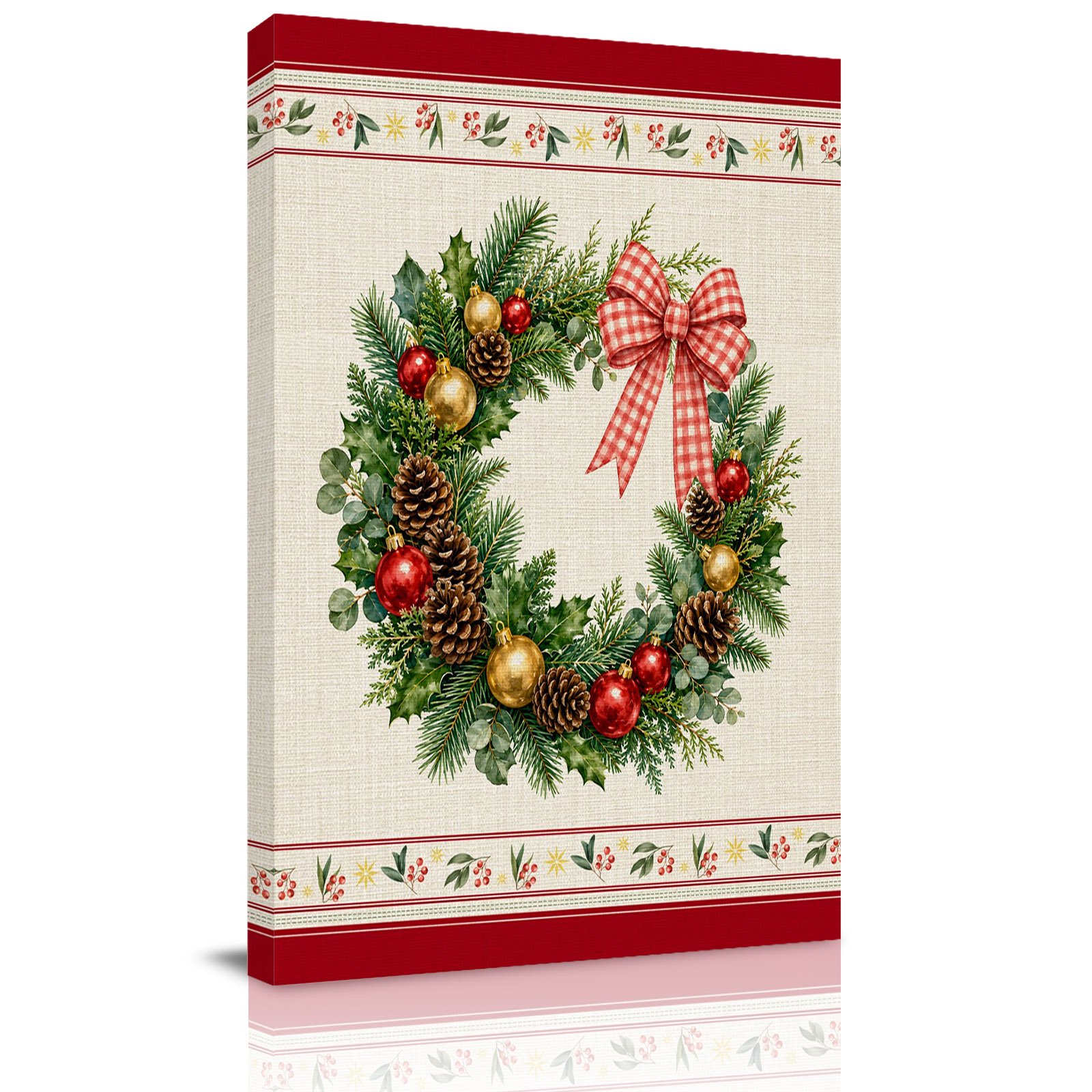 Canvas Wall Art Christmas Framed Canvas Prints for Kitchen Bedroom Pine Wreath Bow Xmas Ornaments Red Rustic Small Gallery Wrapped Wall Decor for Home Office Gifts 8 x12 Ship Next Day