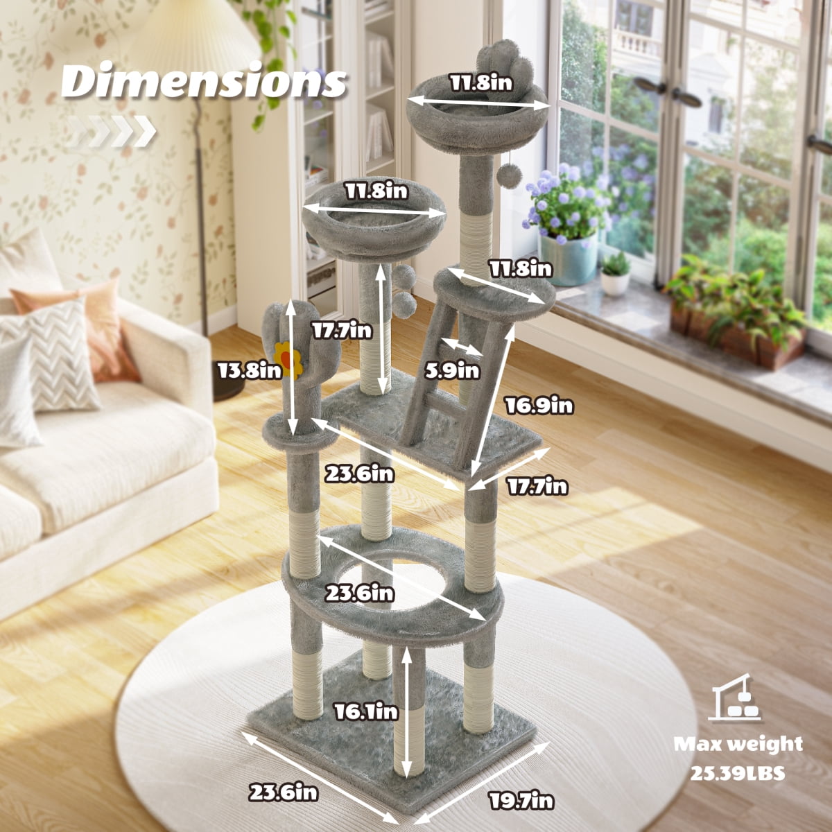 72in Cactus Cat Tree Tall Cat Tower Indoor Cats with Transparent Capsule Sisal Scratching Posts Gray