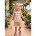 thumbnail image 6 of BemeyourBBs Toddler Baby Girl Summer Clothes Infant Baby Girls 2 Piece Outfits Crochet Granny Square Floral Embroidered Eyelet Sleeveless Plaid Print Tank Tops and Ruffled Shorts Set, 6 of 9
