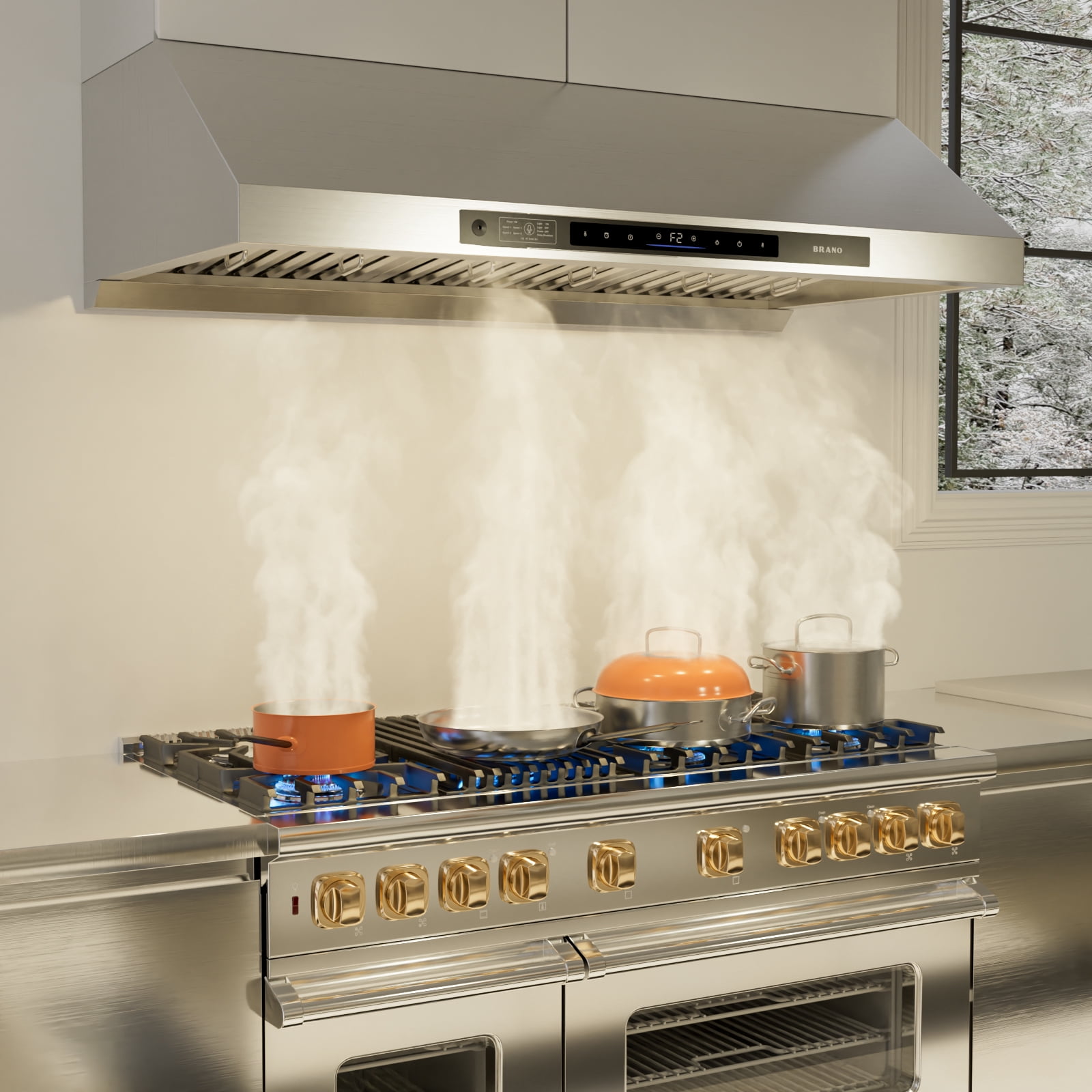 BRANO  42" Under Cabinet Range Hood, 1200 CFM, Brushless DC Motor, 6-Speed, Voice & Motion Control, Stainless Steel, LED, Baffle Filters