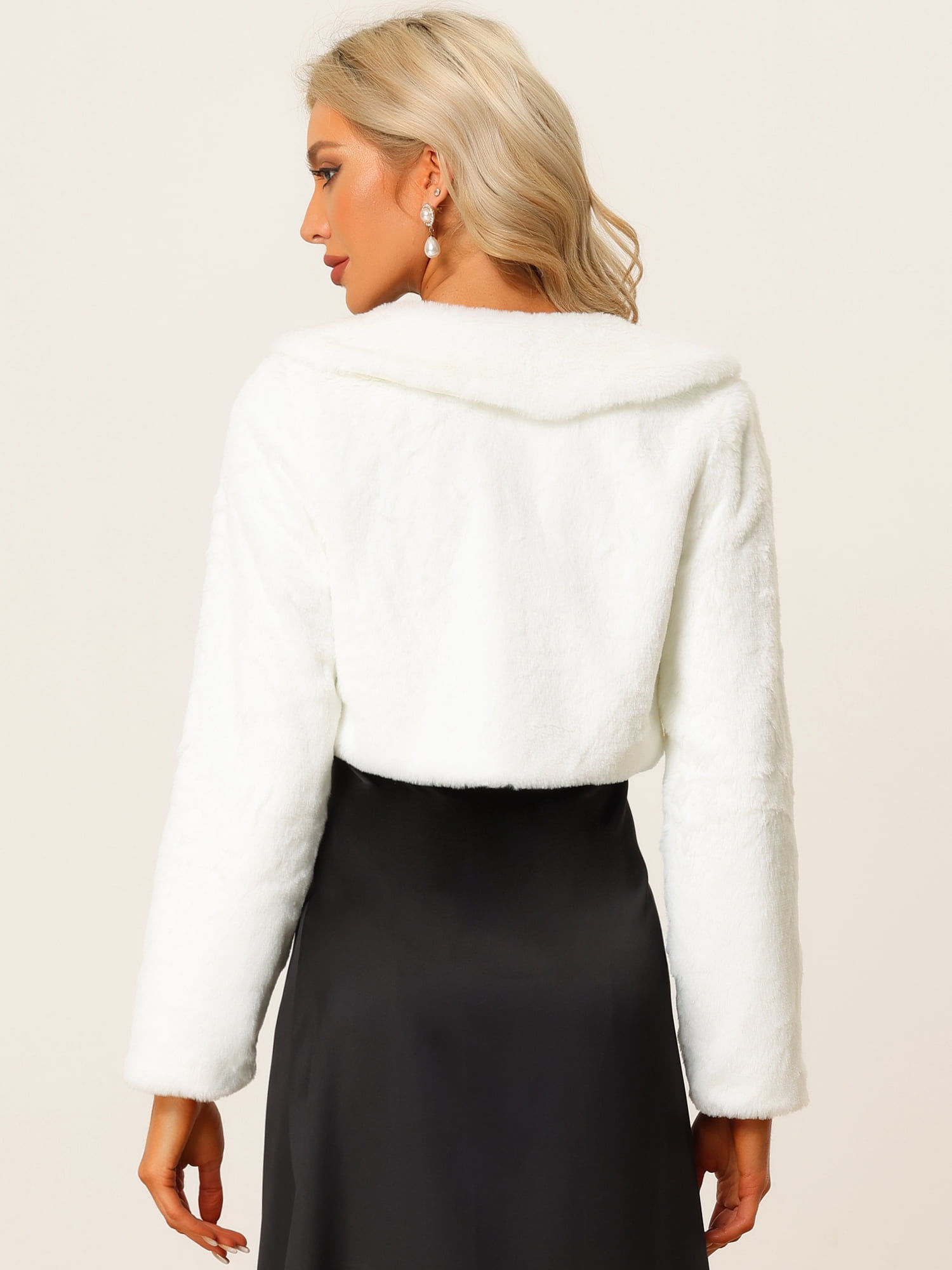 DARING DIVA Women's Faux Fur Shrug Bow Tie Front Fluffy Cropped Jacket XS White