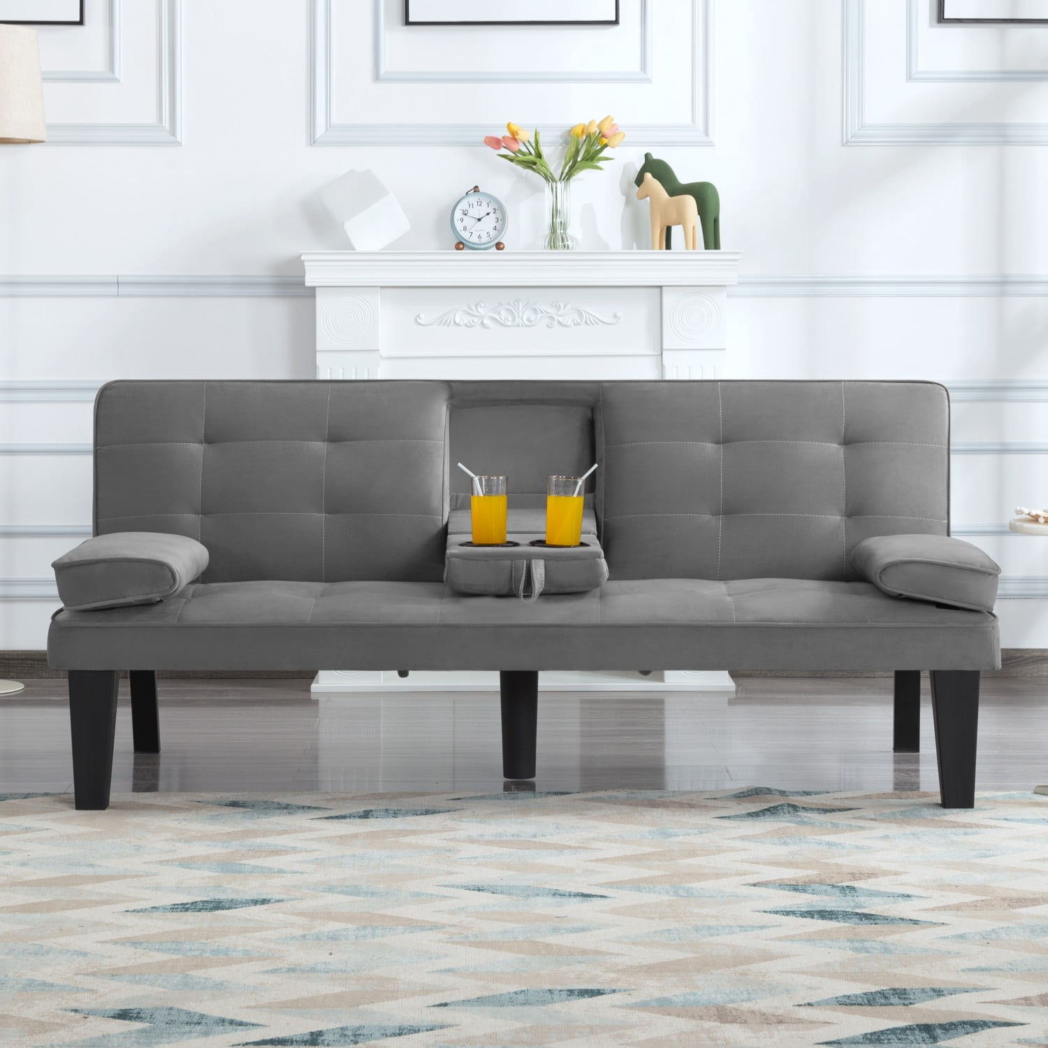 Gewnee Futon Sofa Bed Modern Sofa Couch Convertible Sofa Sleeper for Living Room with 2 Cup Holders, Removable Armrests (Gray)