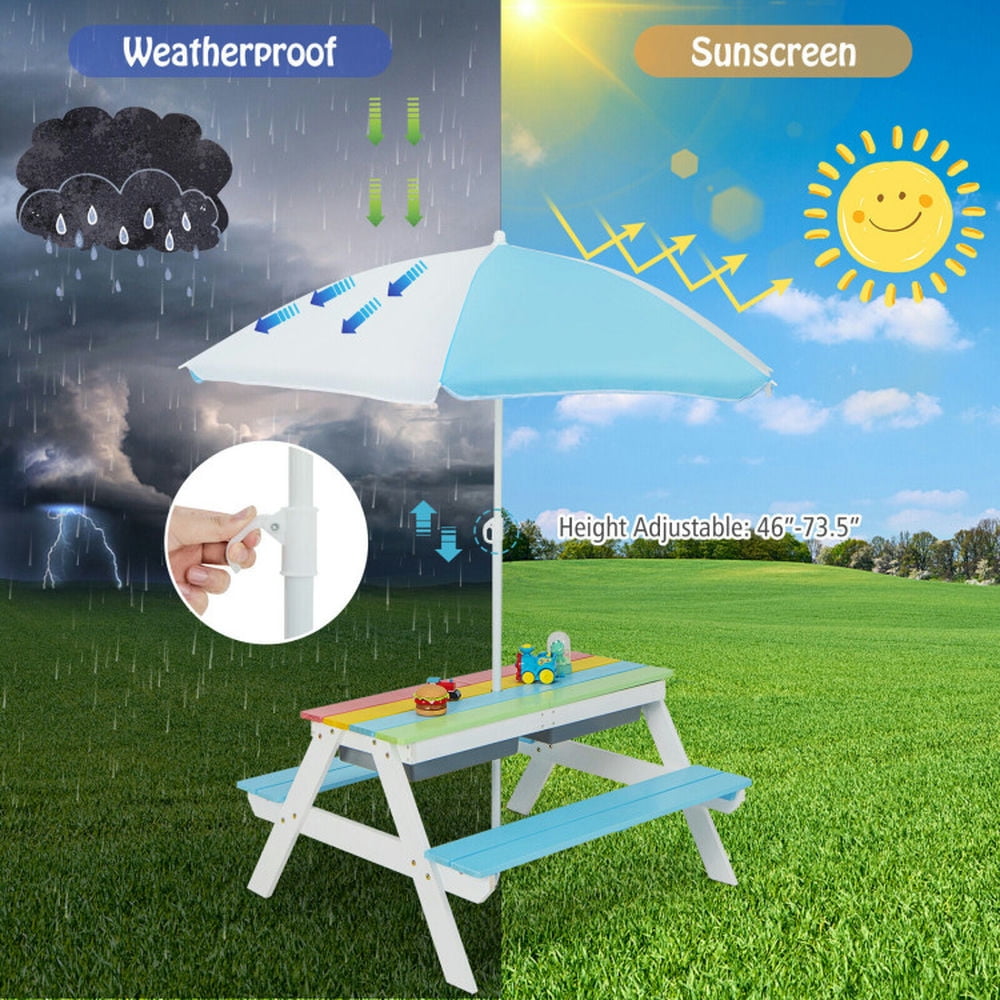 Topcobe 3-in-1 Kids Outdoor Picnic Water Sand Table with Umbrella Play Boxes, Kids Patio Furniture for Backyard, Garden-Blue