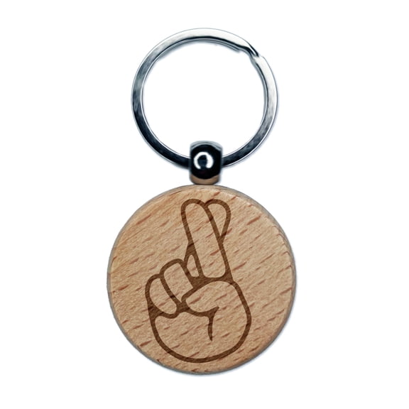 Fingers Crossed Promise Hand Gesture Round Keychain Charm Tag - Engraved Wood