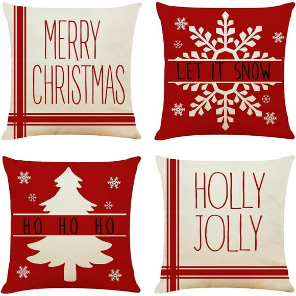 Christmas Pillow Covers 18x18 Set of 4 Farmhouse Christmas Decorations Let It Snow Holly Jolly Christmas Tree Winter Holiday Decor Throw Cushion Case for Home Couch