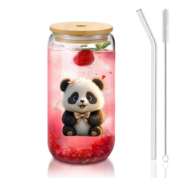 16 Oz Clear Glass Cup with Straw and Lid, Painted with Cute Panda Patterns, Tumbler Drinking Set Coffee Cup, Great for Gift or Everyday Use