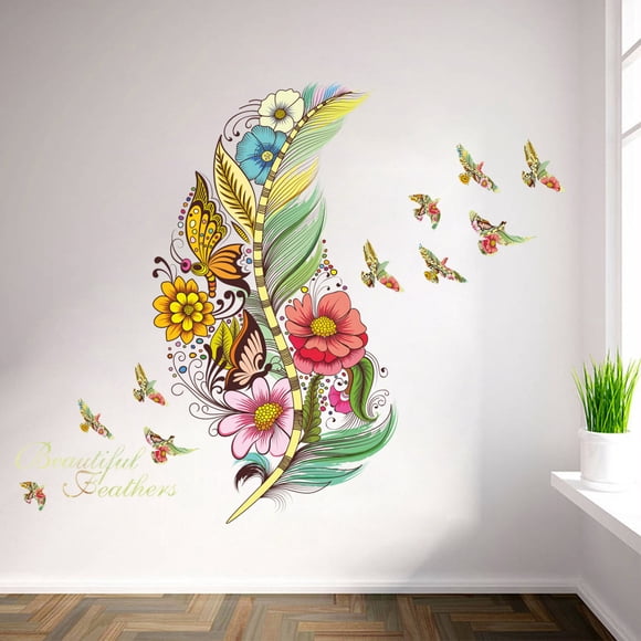 Adhesivos de pared creativos con plumas coloridas, flores y mariposas