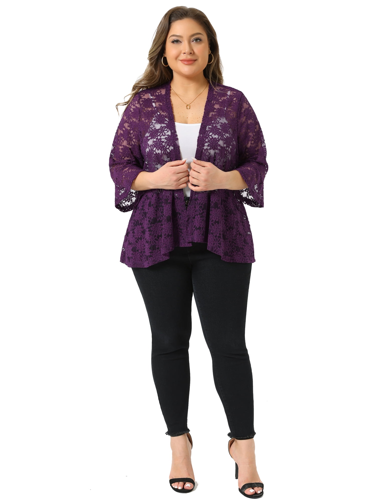 DARING DIVA Women's Plus Size Open Front 3/4 Sleeve Sheer Lace Cardigan 2X Dark Purple