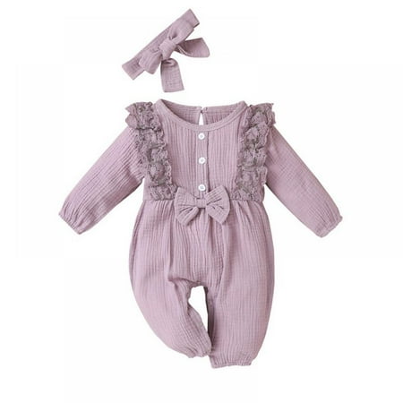 

Wuffmeow Baby Girl Ruffle Bow Long-sleeve One-piece Romper Cotton Bodysuit Headband Outfits