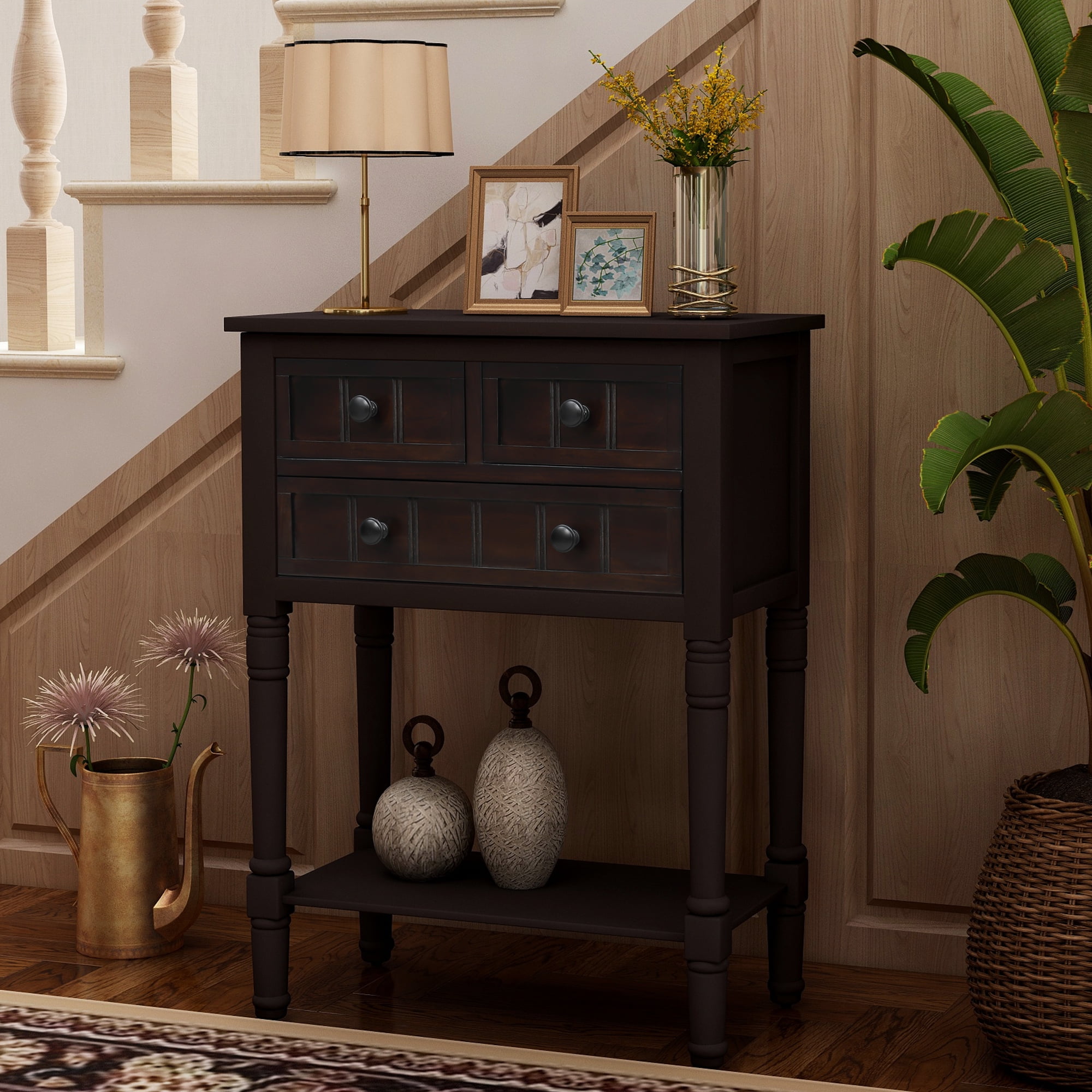 EUROCO Console Table, Slim Sofa Table with Three Storage Drawers and Bottom Shelf for Living Room, Easy Assembly