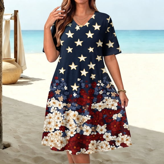 QUNYINEY Short Sleeve Summer Dresses for Women Patriotic Independence Day Plus Size Midi A Line Dress V-Neck Loose Fit with Pockets Dresses