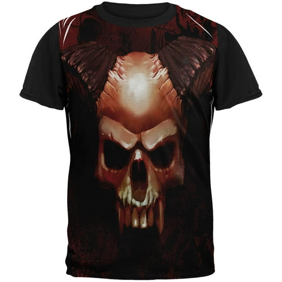 Halloween Horned Demon Skull From Hell All Over Mens Black Back T Shirt Multi LG