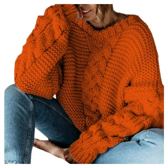 RMGVDSD Sweaters For Women Autumn/Winter Long Sleeve Solid Color Pullover V Neck Loose Sweater Casual Knit Sweater Trendy Casual Fall Sweater /Orange