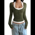 thumbnail image 2 of Camisetas Henley de Larga para Mujer, Blusa Básica Informal de Punto Acanalado con Botones y Corte Ajustado. Verde Oliva XL, 2 of 7