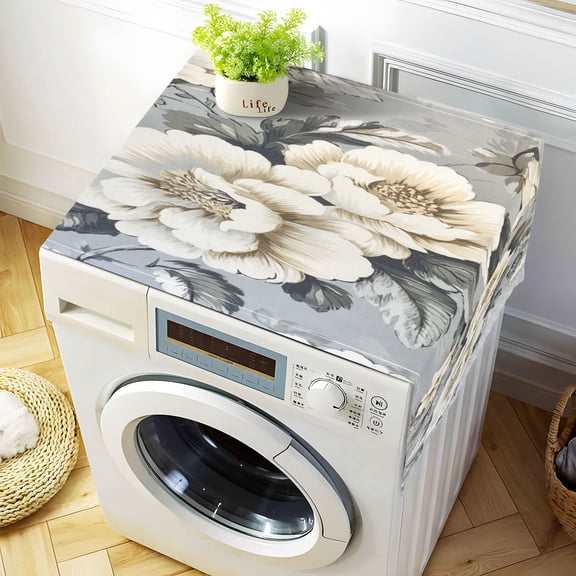 White Peony PatternWasher and Dryer Covers Dust-Proof and Oil Resistant Fridge Cover with 4 Storage Pockets Washing Machine Top Cover for Laundry Kitchen Home 51.2 x 22 In